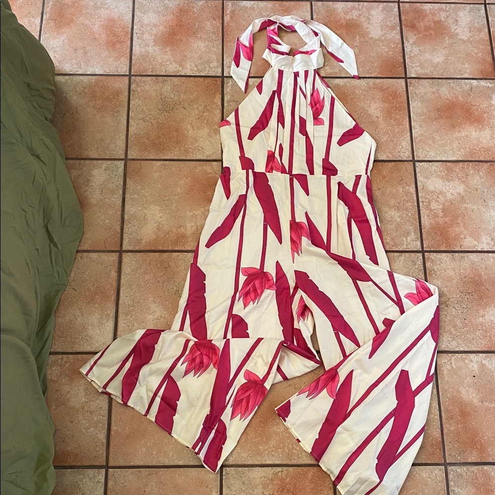 Fashion Nova Pink and White Wide Leg Jumpsuit